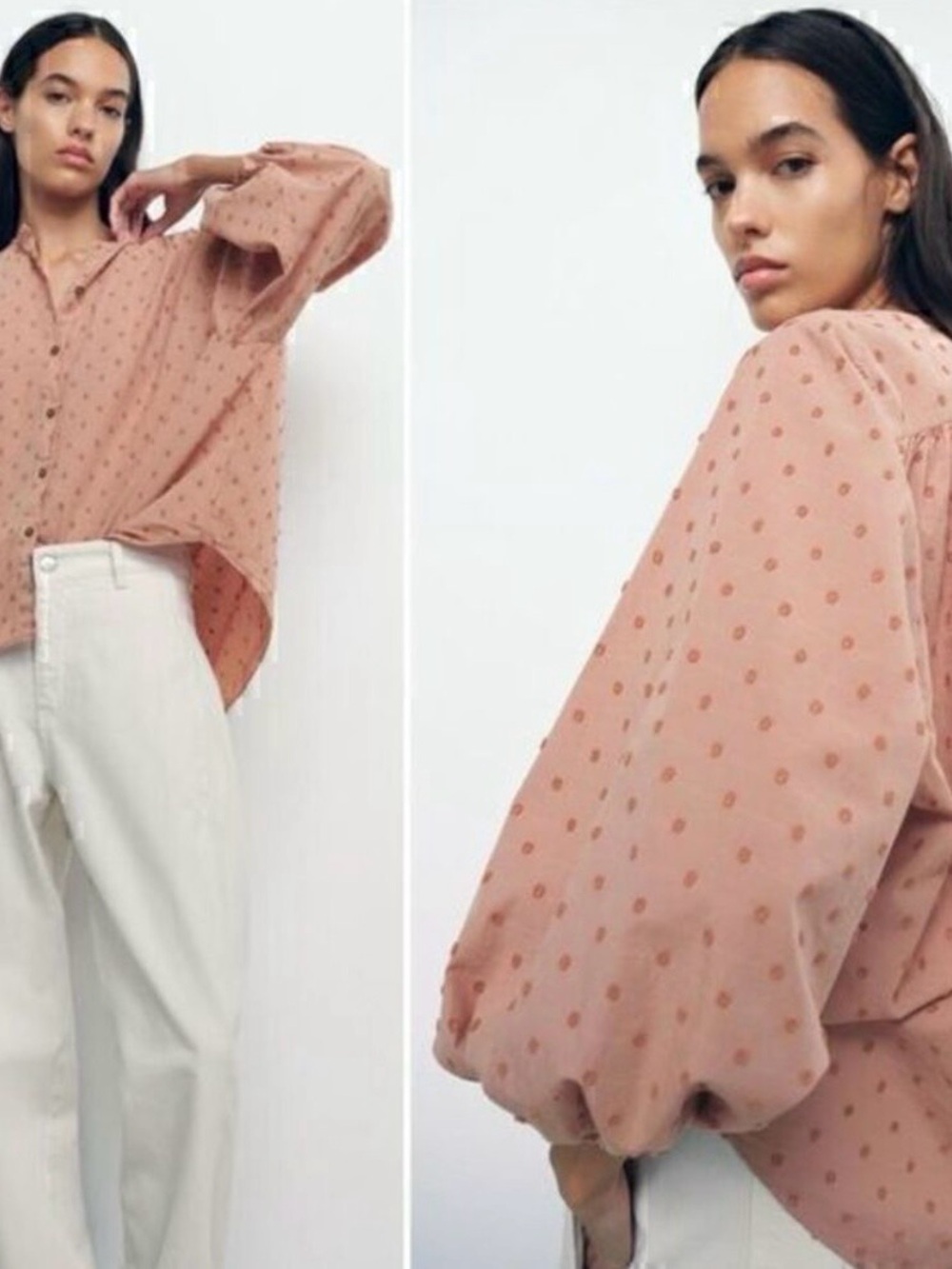 Zara Dusty Rose Polka Dot Button-Down Blouse size M
